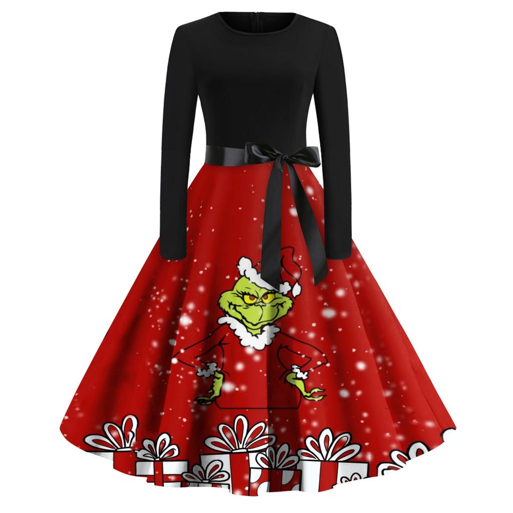 Женское модное повседневное платье с круглым вырезом и рождественским принтом и длинными рукавами