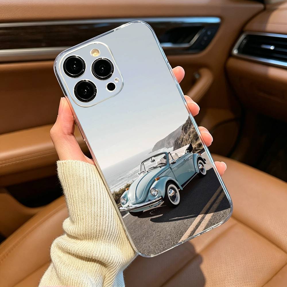 Винтажный чехол для телефона в стиле ретро-автомобиля Beetle для iPhone17,16,15,14,13,12,11 ,Pro Max,16/15/14 Plus Прозрачная крышка