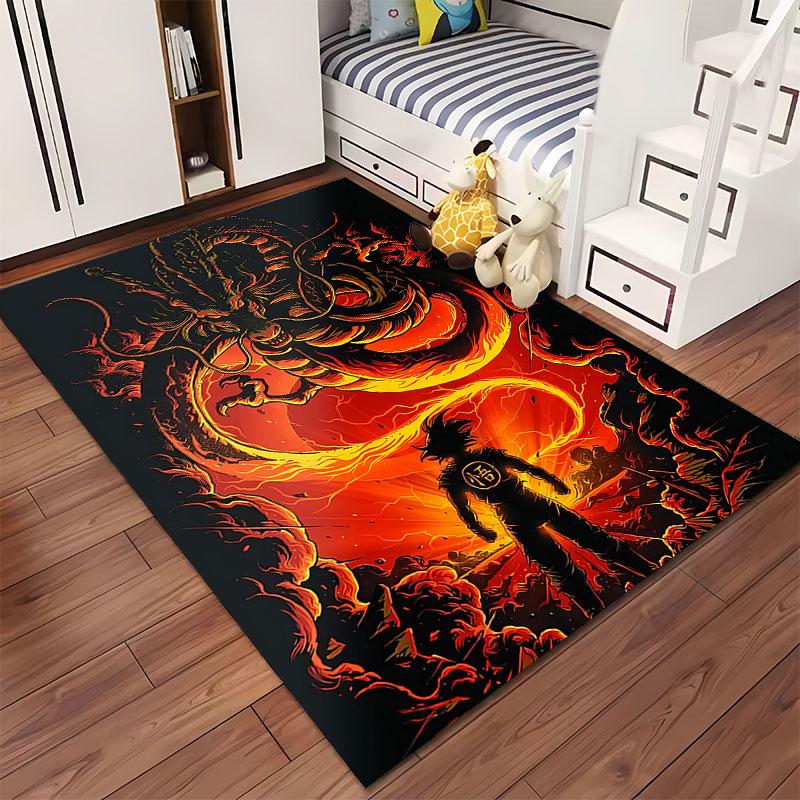 Dragon and Fighter Fiery Scene suitable as a non-slip mat for the living room or bedroom sofa