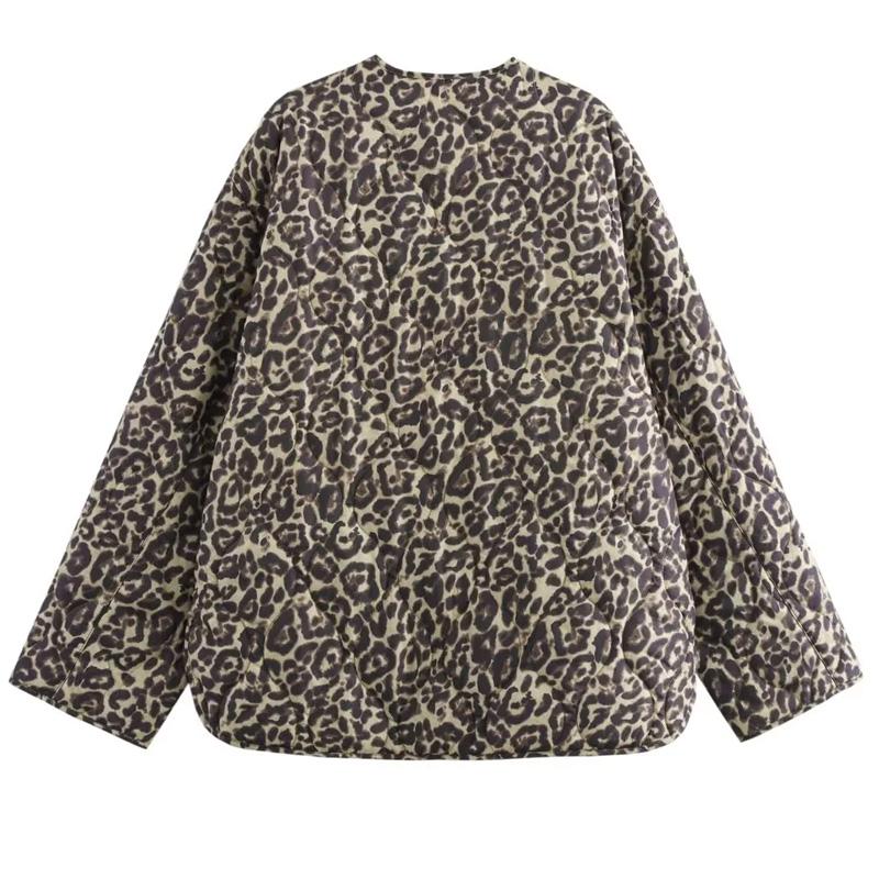 Parkas Leopard Print Quilted Jacket Women Vintage Long Sleeve Padding Warm Winter Woman Coat Zip Up Short Padded Jacket
