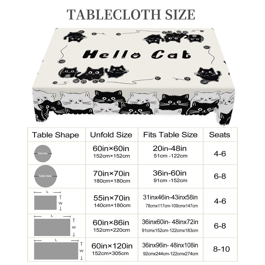 1 Piece Black And White Cat Pattern Tablecloth, Cute Cat Decoration Party Supplies Polyester Machine Washable Tablecloth With Lace, Suitable For Party
