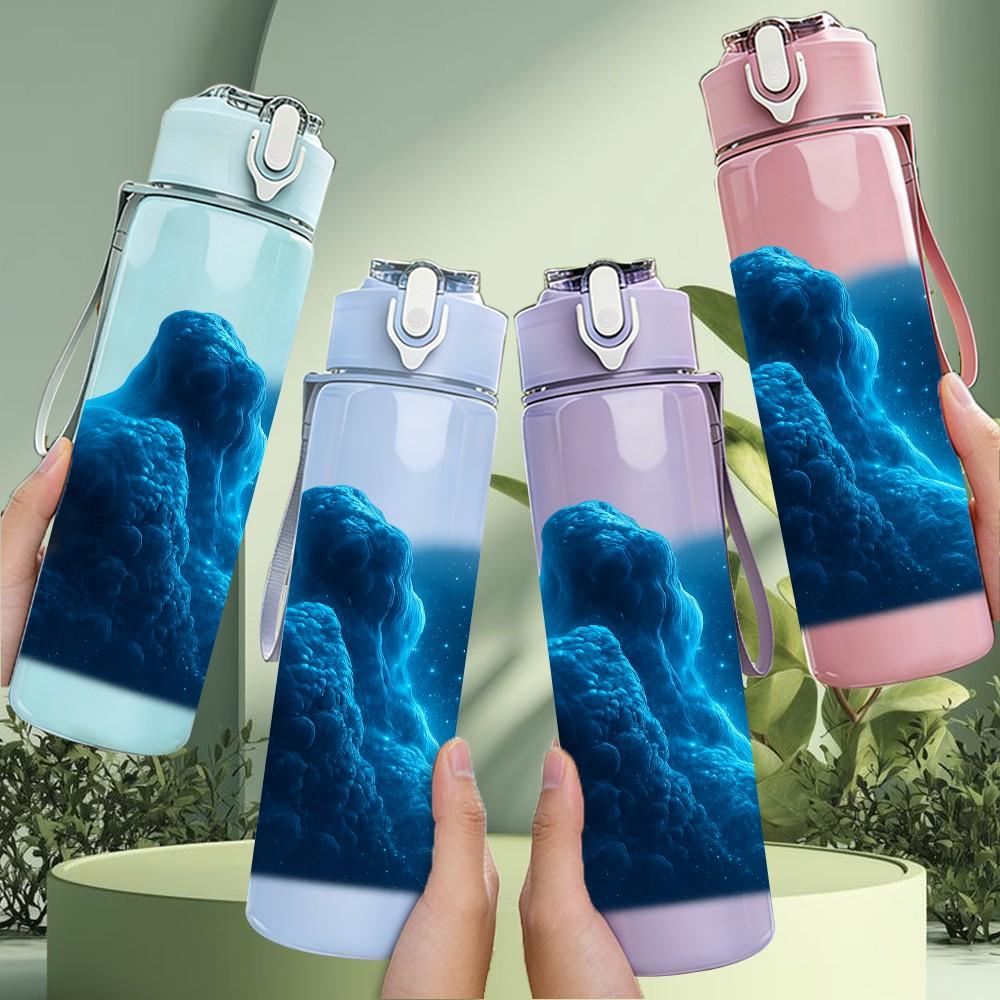 1PC Glowing Blue Mountain Cosmic Landscape Print 750ml Color Plastic Sports Water Bottle Leakproof Flip Straw Lid Suitable for Sports Office Home Use