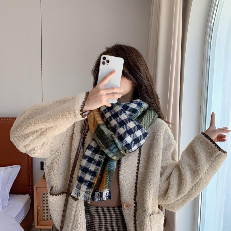 Imitation Cashmere Scarf, Women's Autumn and Winter Fashion Double-sided Plaid Scarf, Student Thickened Warm Shawl, Gift Scarf