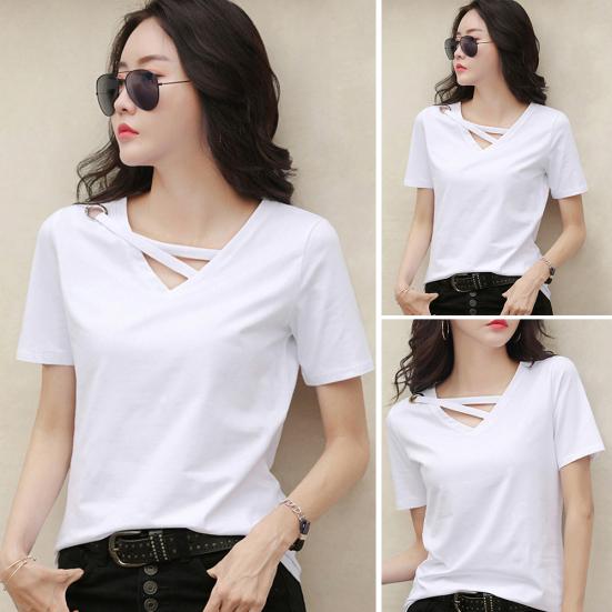Женская однотонная футболка с V-образным вырезом и коротким рукавом, свободная летняя повседневная блузка, футболка
