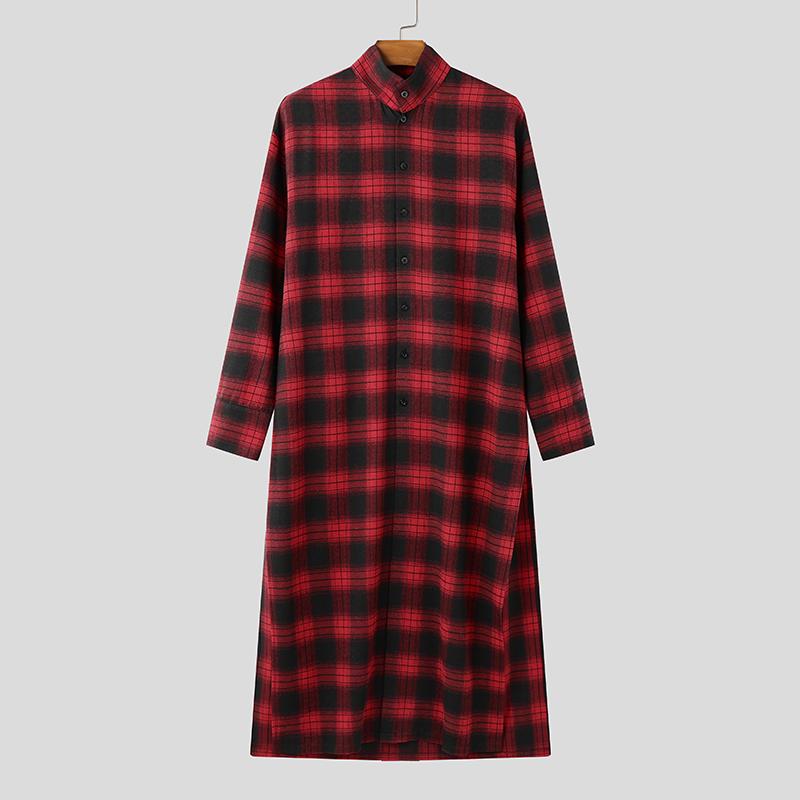 INCERUN Большие мужские рубашки с воротником-стойкой и длинным рукавом в клетку, повседневные туники