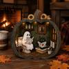 Fall Harvest Home Decoration Halloween Ghost Wooden Tabletop Ornament, 2D Flat Cute Reading Bathing Autumnal Literary Art Gift Watering Plaque