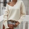 Women's Autumn and Winter Commuter Versatile Knit Sweater Cufflinks Loose Solid Colour Pullover Sweater