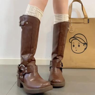 Зимние женские сапоги до колена с ремешком и пряжкой, длинные сапоги, женские элегантные ботильоны на толстом каблуке