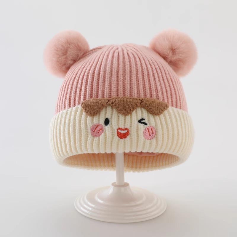 Baby hat autumn and winter cute hairball pullover hat infant thickened warm ear protector knitted wool hat