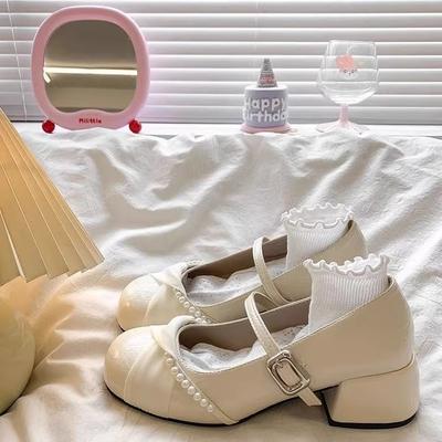 Винтажные жемчужные туфли-лодочки на толстом каблуке с закрытым носком, сказочные туфли-одинарки с юбкой, туфли Мэри Джейн