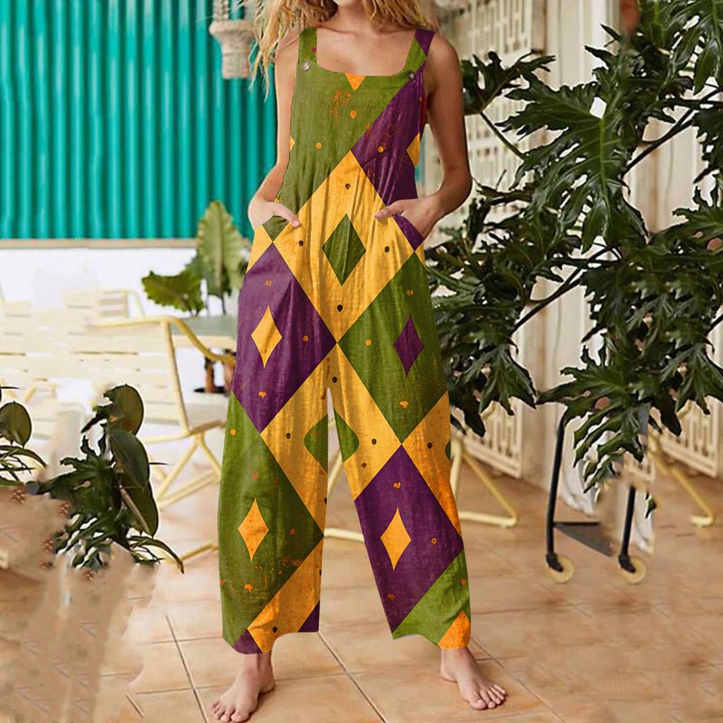 Womens Casual Overalls Jumpsuits Adjustable Straps Sleeveless Carnival Print Comfy Rompers With Pocket