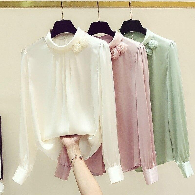 Элегантная офисная женская атласная блузка с цветочным декором, шифоновая рубашка, женские топы, осенняя одежда с воротником-стойкой и длинными рукавами 23174