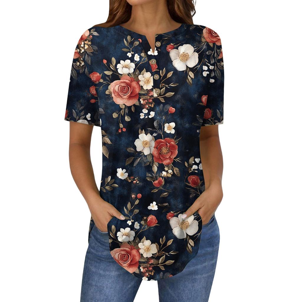 Short Sleeve Womens Tops Summer T-Shirts Floral Print V Neck Casual Basic Tee Button Shirts Tunic Tops