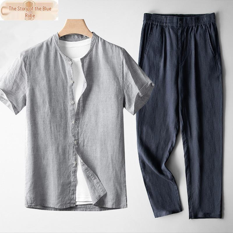 Men's Chinese Linen Tang Suit Set: Retro Long Sleeve Cotton Linen Casual Shirt Two-Piece.