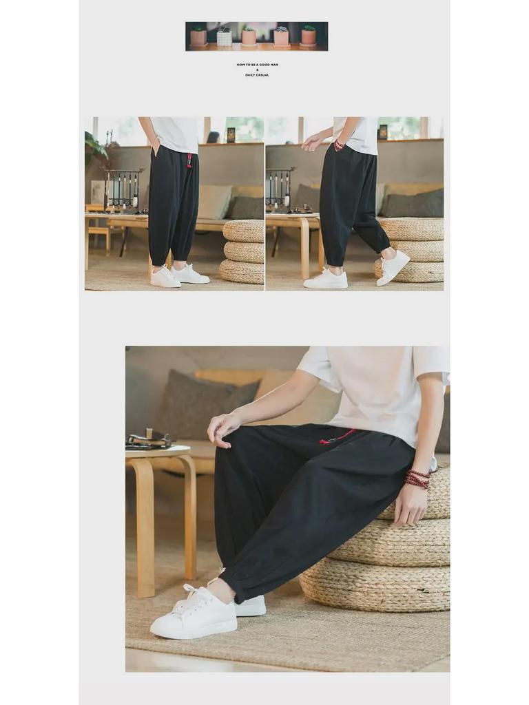Мужские широкие шаровары из хлопка и льна в китайском стиле — летние тонкие манжеты, свободный крой, размер плюс, длина девять точек.
