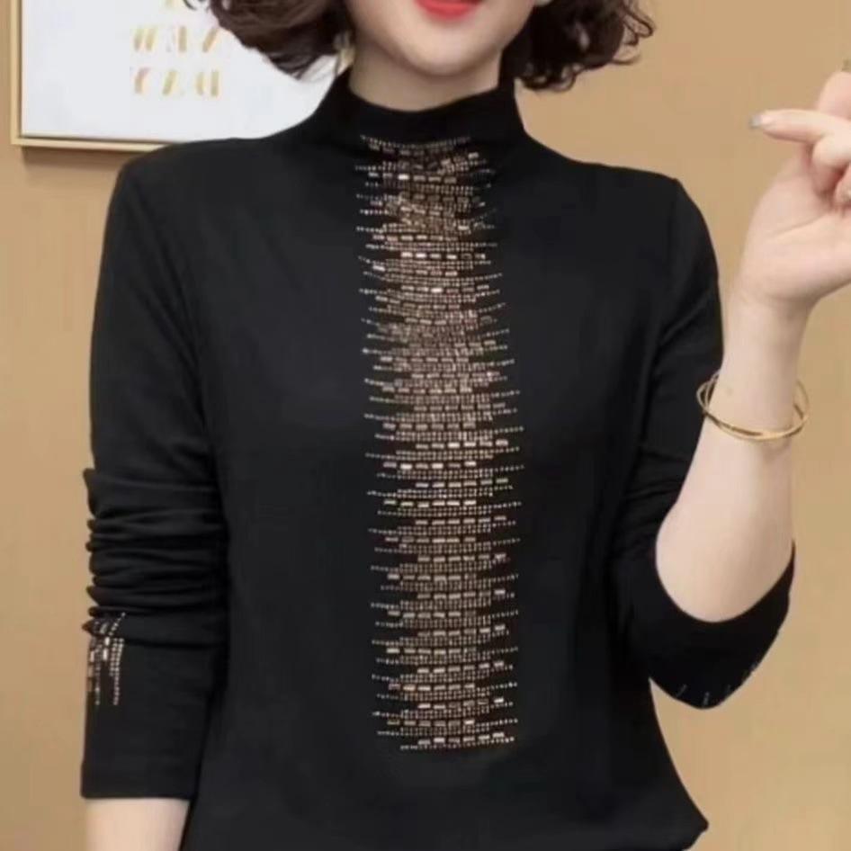 Женская базовая футболка с полувысоким воротником Новая Весенняя и Осенняя Приталенная Универсальная Футболка с Длинным Рукавом Двусторонняя Бархатная Внутренняя Рубашка