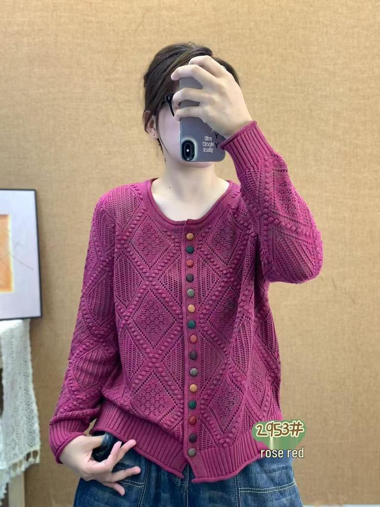 2026 Autumn Women's Diamond Pattern Knit Cardigan - Colorful Buttons, Long Sleeve, Soft and Skin-friendly Jacket.