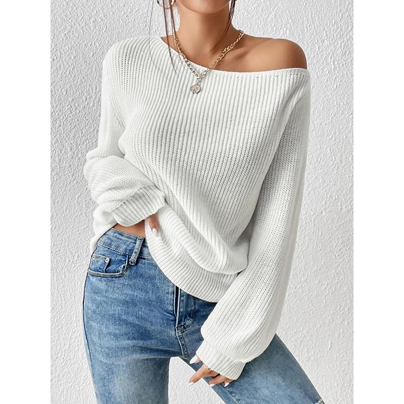 Вязаный свитер с открытыми плечами женский Новая повседневная одежда Длинный рукав Вырез лодочкой Осень Зима Базовые Свободные Свитера Оверсайз