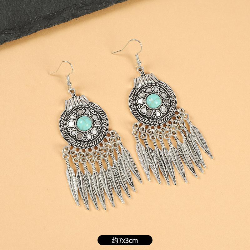 Vintage Miao Silver Fringed Earrings with Turquoise Long Indian Bohemian Earrings Exotic Earrings