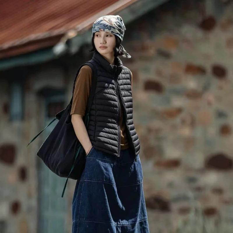 Rib down vest, retro Korean solid color stand-up collar, light and warm, versatile casual sleeveless vest women