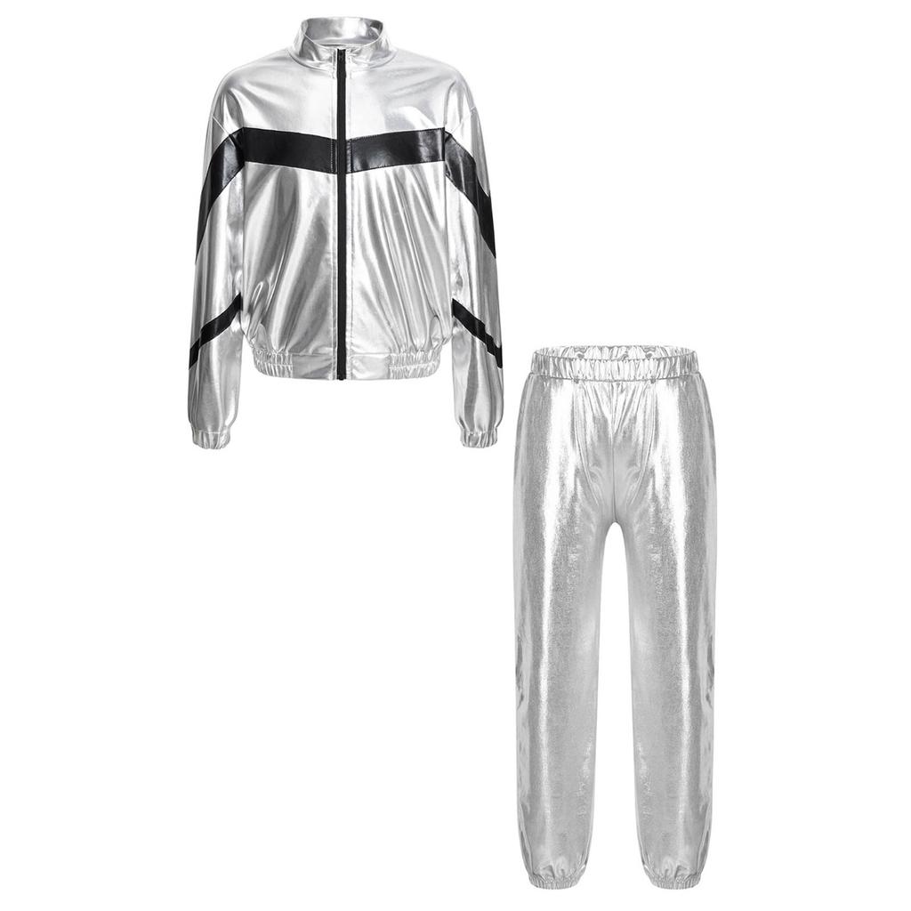 Детская куртка с металлизированным воротником-стойкой и длинными рукавами для девочек на молнии спереди и брюки с эластичной резинкой на талии для танцевальных выступлений в стиле хип-хоп