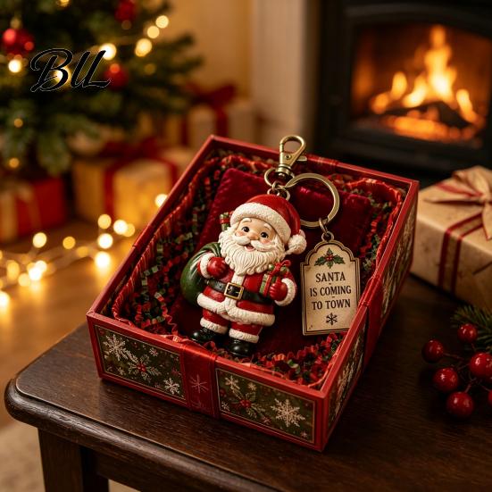 Holiday Gift for Co-workers Christmas Keychain with Box, Cute Santa Claus Snowman Highland Cow Winter Keepsake Reindeer Bag Charm, Keyring Pendant,