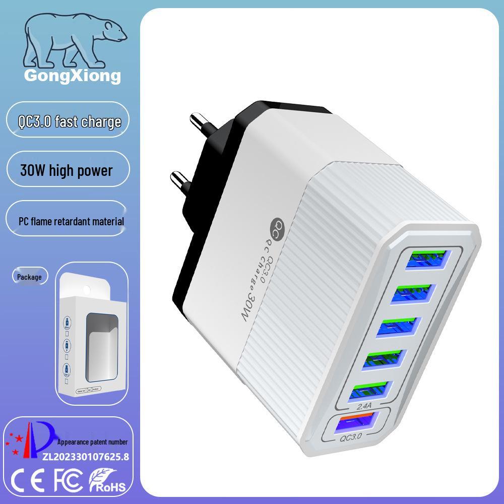 Быстрое зарядное устройство 30 Вт QC3.0 с шестью портами и переходником (ЕС / США / Великобритания)
