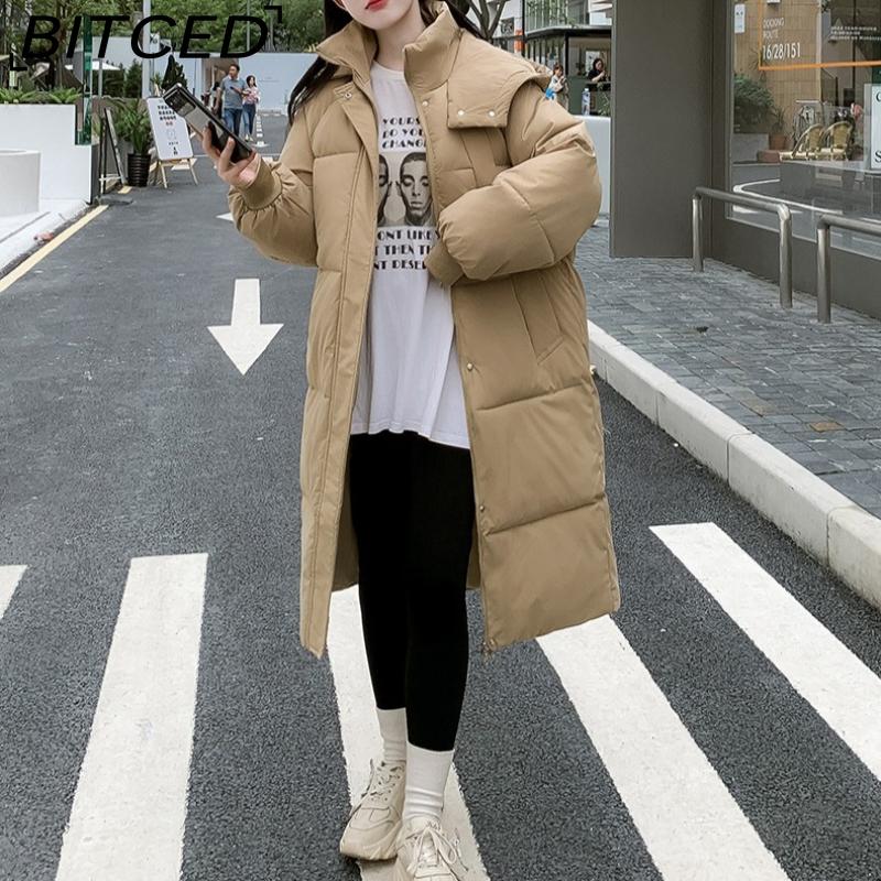 BITCED Long Down Jacket with Quilted Cotton Lining - Women's Loose-Fit Winter Coat - Thickened Cotton-Padded Outerwear