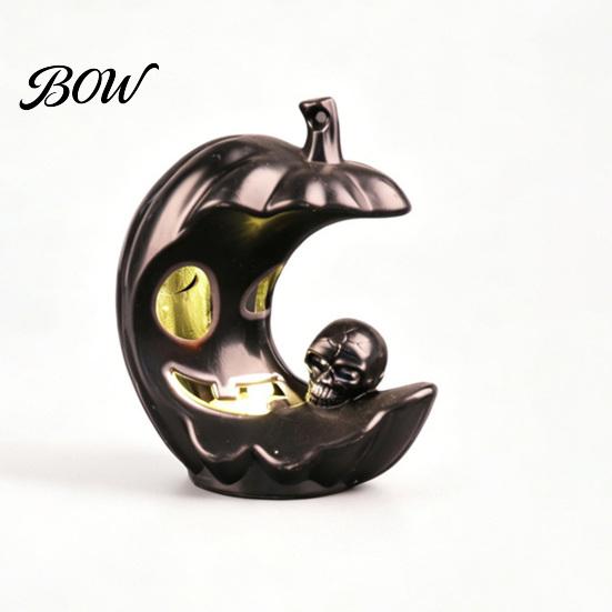 Lightweight Plastic Ornament LED Light-Up Halloween Pumpkin Moon Figurine, Spooky Face Crescent Desktop Prop for Home Skull Night Light Shelf