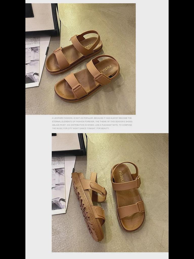 2024 Летние женские плоские корейские модные пляжные сандалии с ремешком на липучке