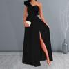 Lady Evening Dress Ruffle Pleated Color Sleeveless High Waist Solid One Shoulder A-line Big Hem Prom Cocktail