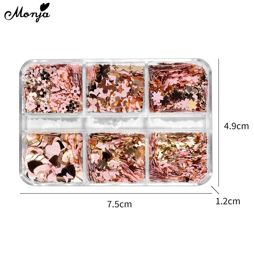 monja 6 сеток/коробка, блестящие 3D украшения для дизайна ногтей, цветы, бабочки, сердце, кролик, хлопья, пайетки, аксессуары для маникюра с блестками