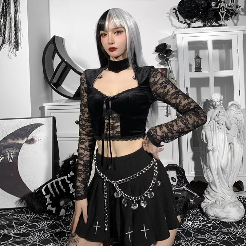 Готическая винтажная бархатная футболка с длинными рукавами и шнуровкой, укороченные топы