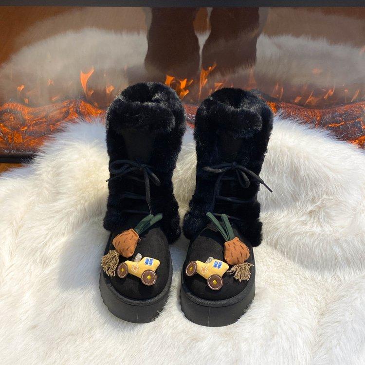 Женские зимние ботинки 2025 осень и зима новая универсальная толстая подошва пушистые ботинки с интегрированным мехом и набивным утолщенным хлопком для Северо-Востока