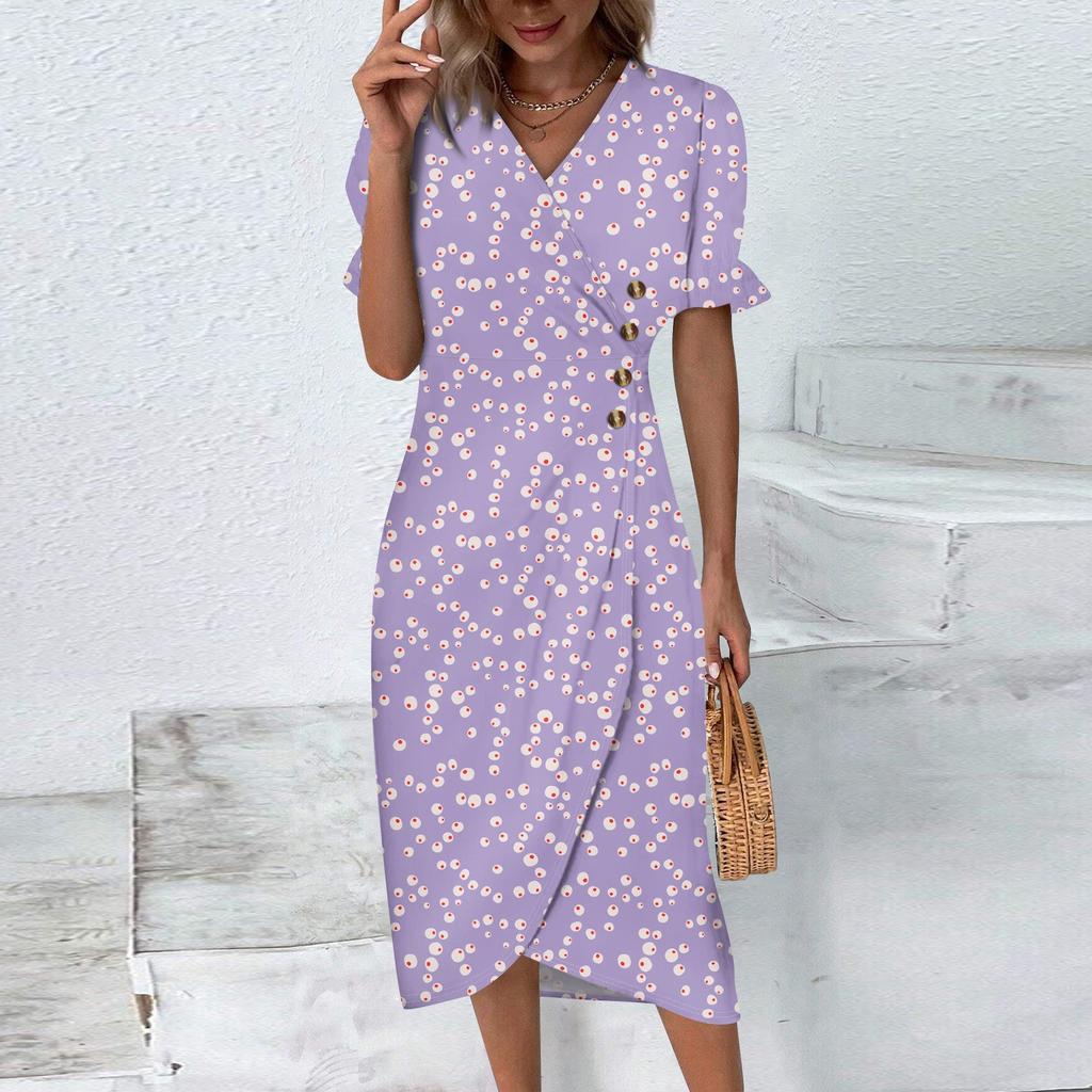 Women's Summer Casual Dress V Neck A-line Boho Ditsy Floral Flounce Sleeve Wrap Hem Dress