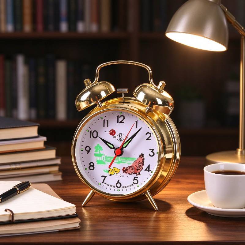 Mechanical Vintage Alarm Clock With Large Metal Case And Chicken Eating Rice Print For Bedroom Decor