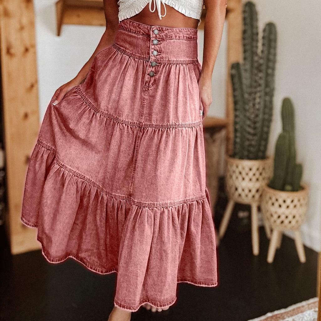 Женская модная ретро-юбка с завышенной талией и пуговицами из денима