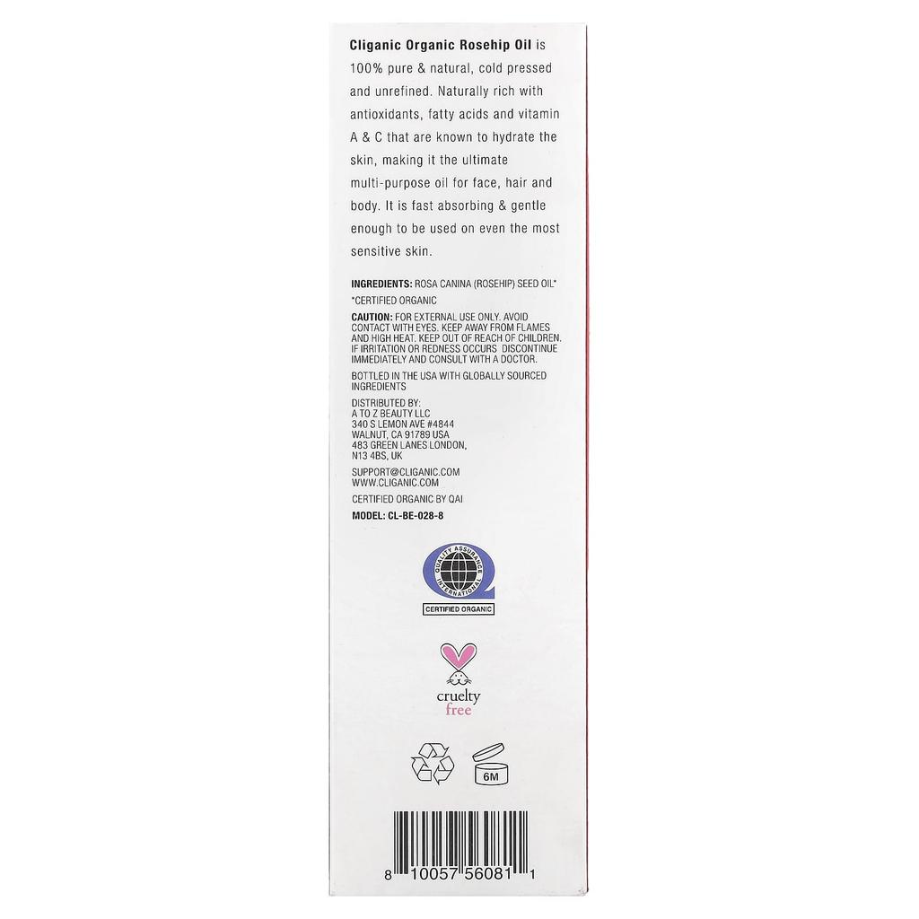 Cliganic Organic Rosehip Seed Oil, For All Hair/Skin Types, 240ml (8 Fl Oz)