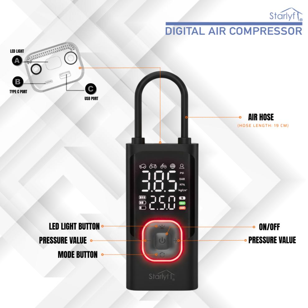 Digital Air Compressor, Rechargeable Portable Air Pump, 150 PSI