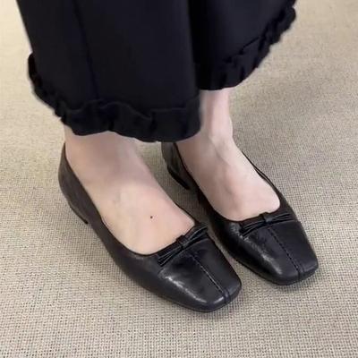 Французские ретро туфли-лодочки из мягкой кожи с квадратным носком и бантом, женские туфли Дуду, новинка осени 2025, неглубокие балетки, женские туфли