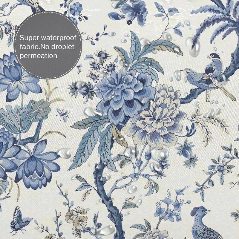 Blue and White Chinoiserie Shower Curtain with Hooks Waterproof Washable Fabric Bath Curtain with Bird and Flower Pattern for Outdoor Decor