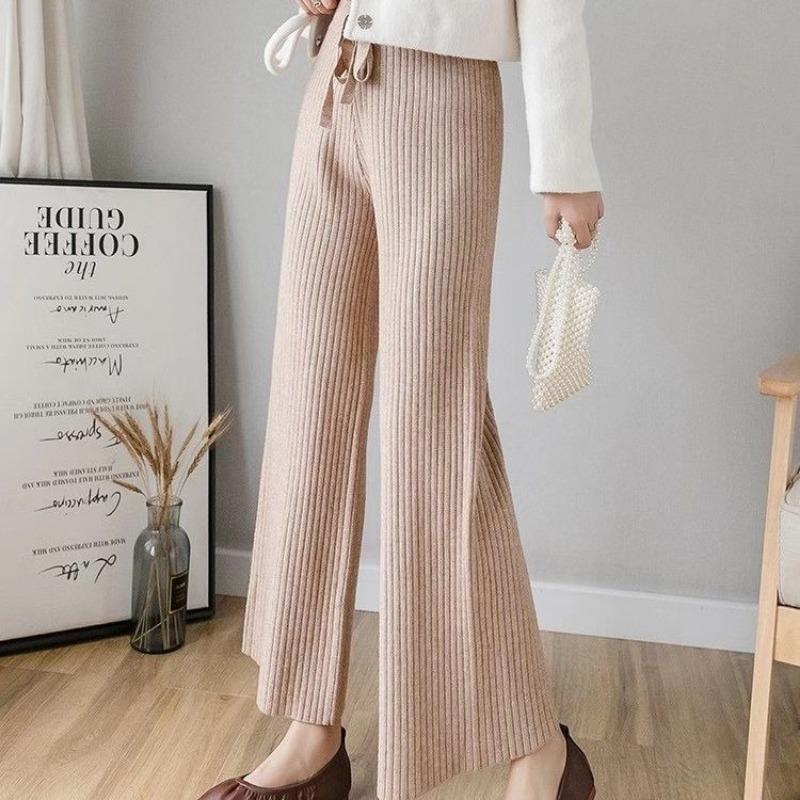 Женские осенне-зимние свободные шерстяные утолщенные трикотажные брюки с высокой талией, широкие длинные