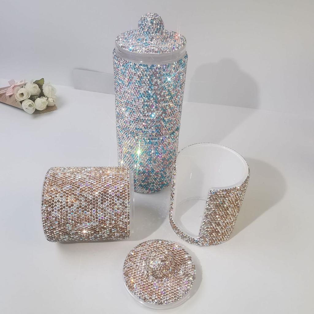 Luxury Acrylic Brush Organizer with Lid Sparkling Rhinestones Cosmetic Makeup Organizer Box Round Storage Container