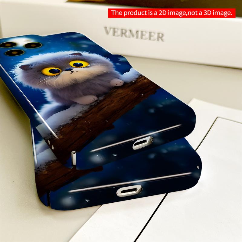 2DFlat Fluffy Cat on Snowy Branch Under Moonlight All inclusive film hard iPhone case, compatible with iPhone 18 Pro Max 17 16 15 14 13 12 11