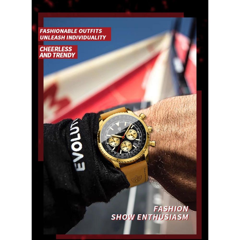 BINBOND Top Brand Man Quartz Watch Waterproof Luminous Date Chronograph Leather Wristwatch Military Sports Luxury Men's Watches