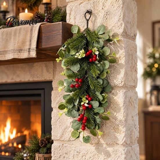 Artificial Christmas Greenery Teardrop Swag, Holly Leaves Swag Wreath with Pinecones Holiday Door Decoration Berries for Front Door, Cabinet,