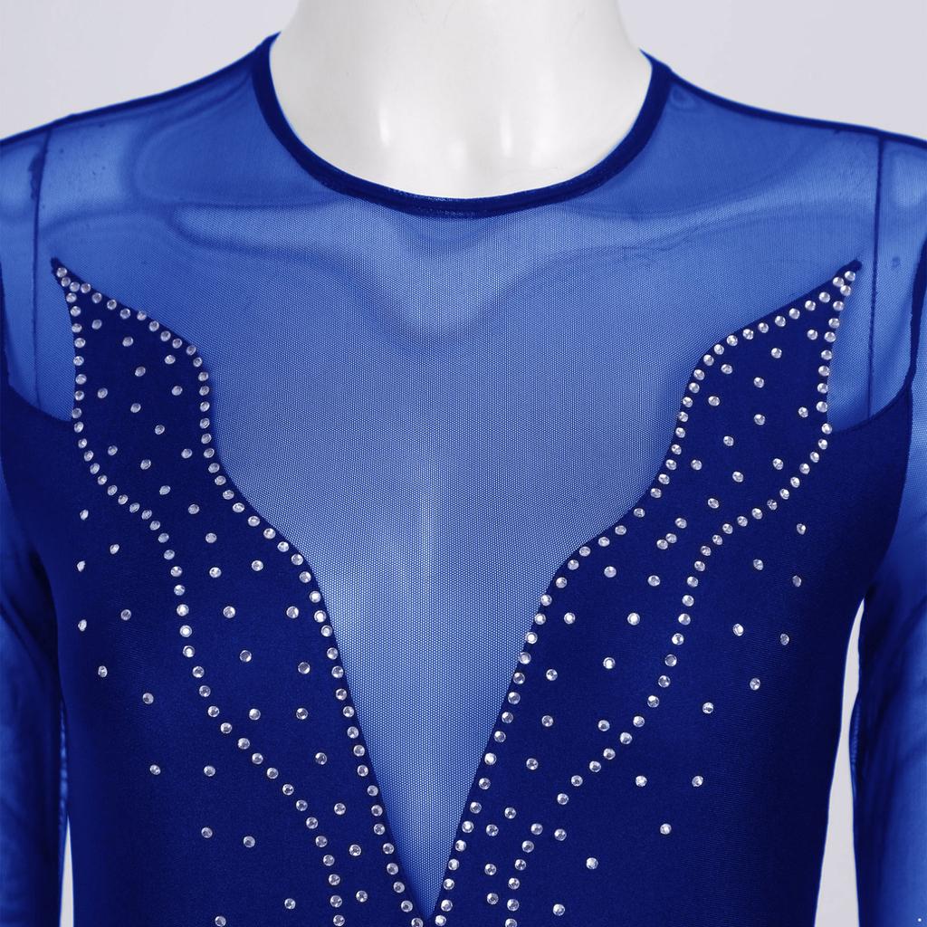 Женское модное платье для фигурного катания, сетчатое лоскутное платье с длинными рукавами и юбкой, купальник для бальных танцев, тренировочный танцевальный костюм