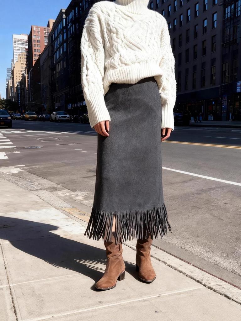 Женская черная юбка-трапеция средней длины с бахромой – Стройный осенне-зимний стиль