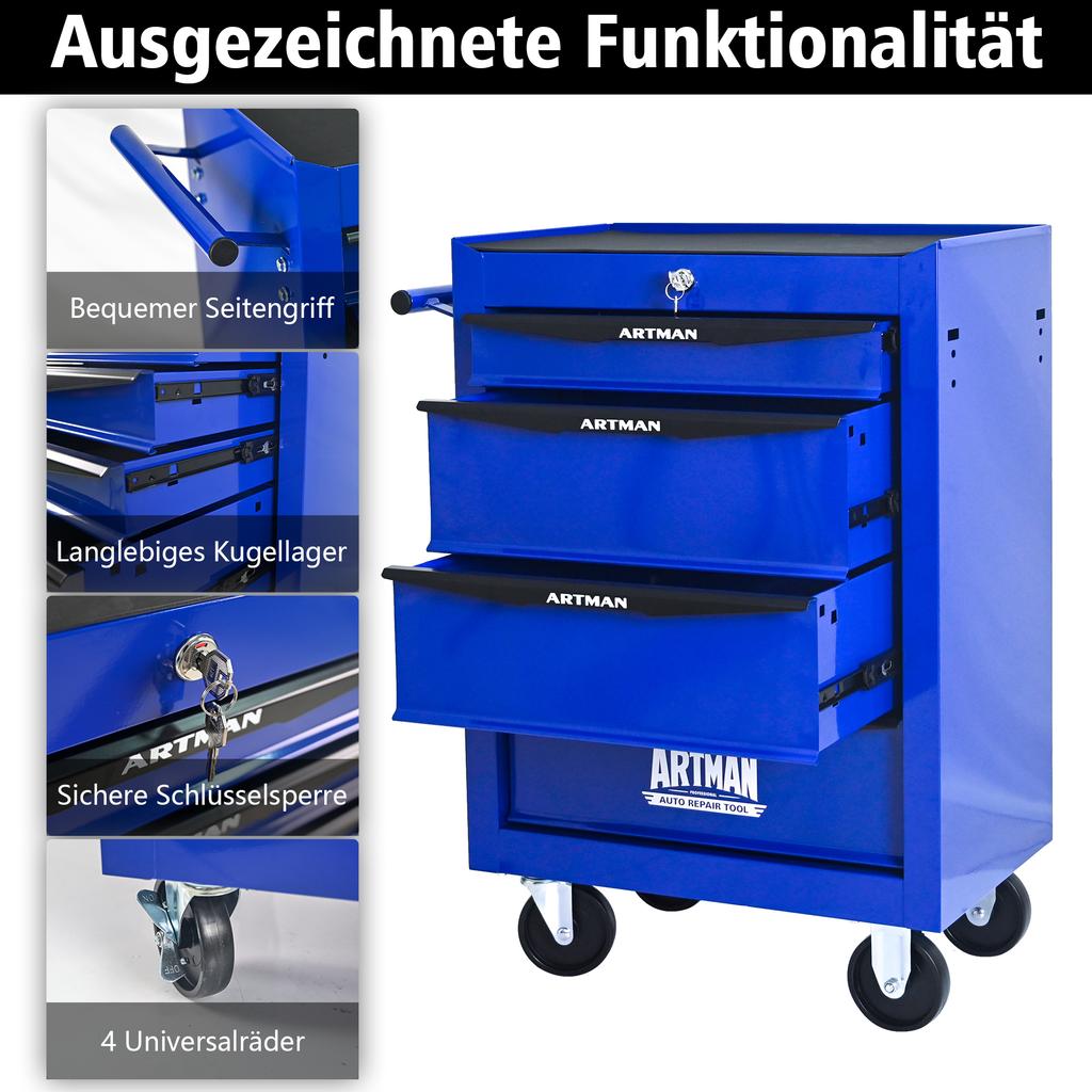 Mobile Metal Tool Cabinet with 4 Drawers, 508 mm (20 Inch) and Ball-Bearing Drawer Slides, Organizing Steel Tool Box - Black-Blue