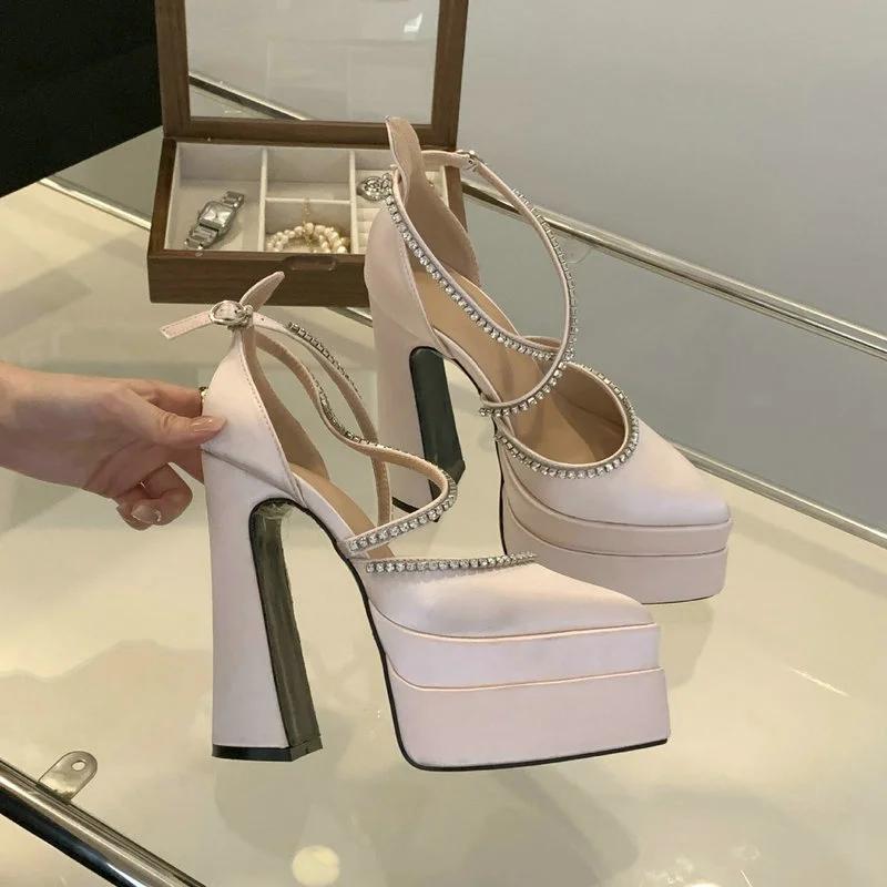 Летние новые модные туфли на платформе с толстым каблуком и острым носком из сатина, женские одинарные туфли